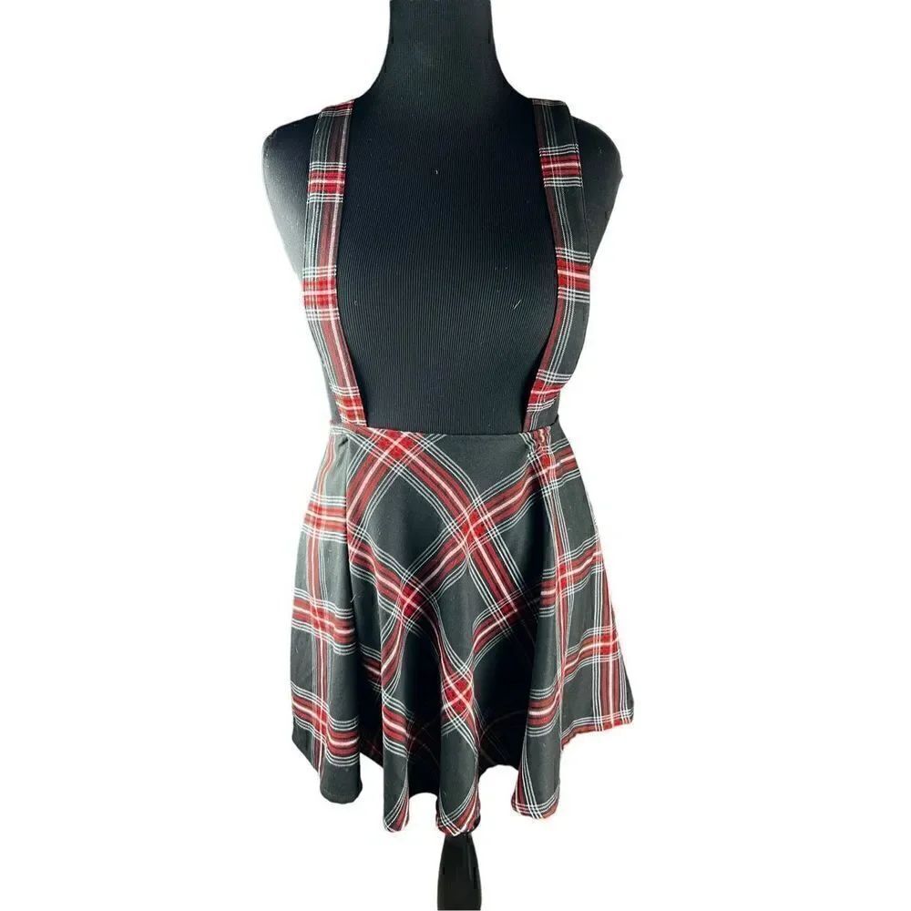 Hot topic plaid mini skater skirt suspenders schoolgirl nerdy Medium